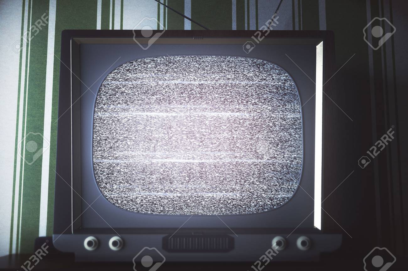 Front Of Empty Obsolete Tv Screen Placed On Dark Shelf