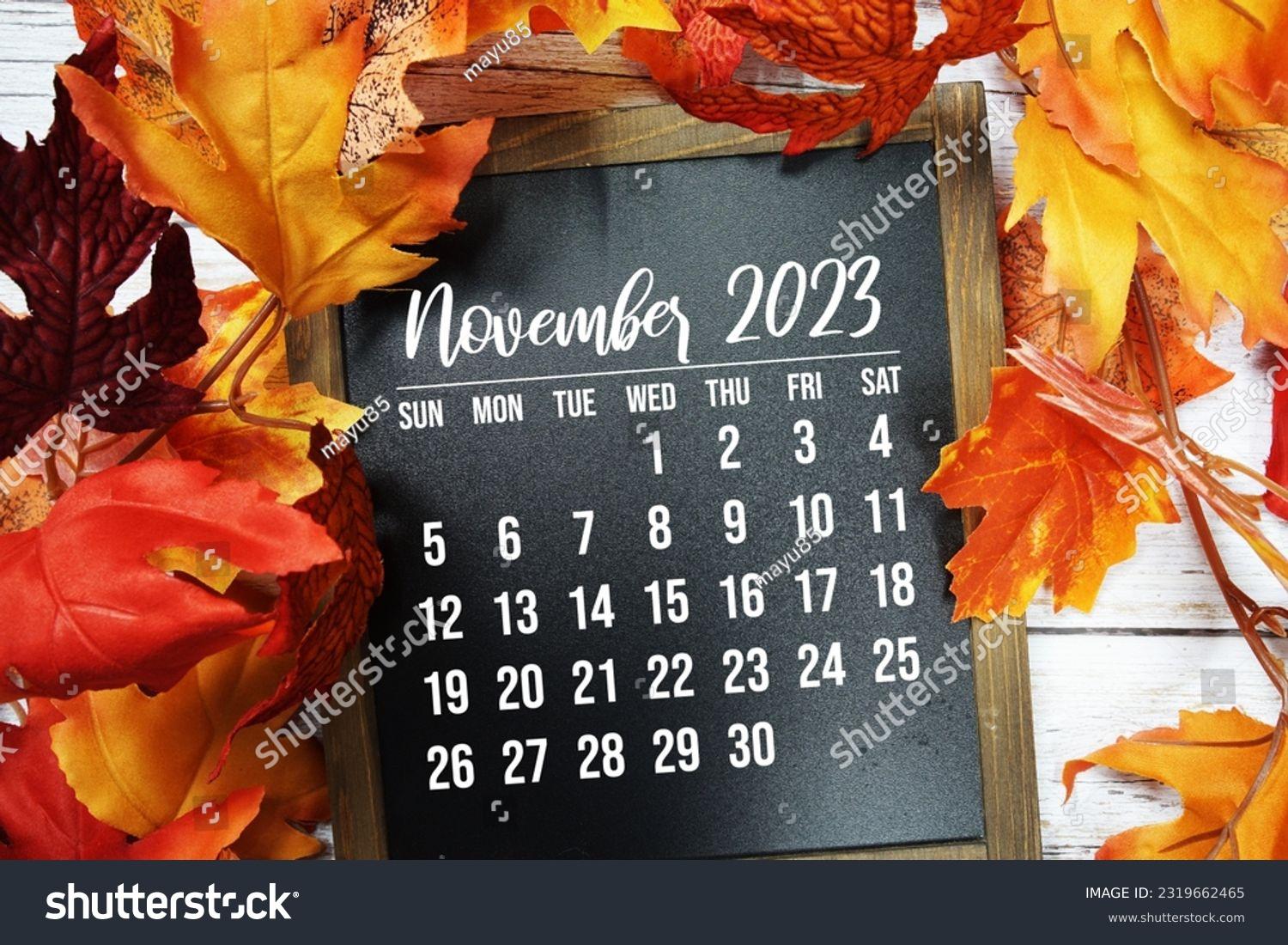 November Monthly Calendar Maple Leaf Stock Photo