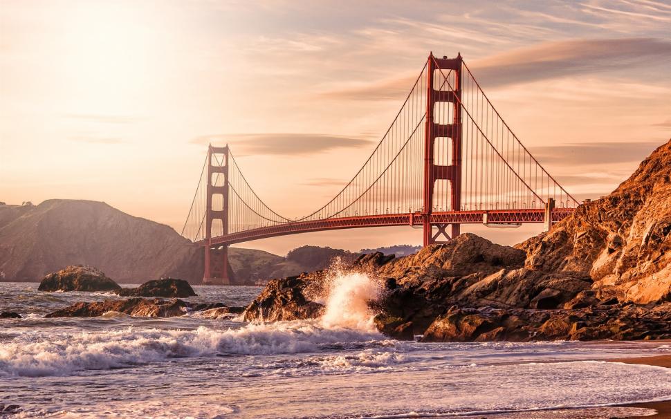 Usa San Francisco Golden Gate Bridge Rocks Waves Beach