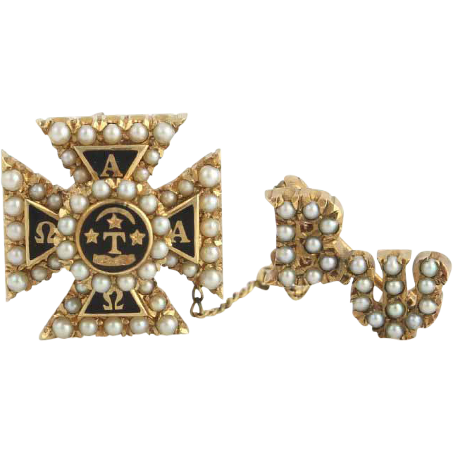 Vintage Alpha Tau Omega Fraternity Badge Pin   14k Gold Seed Pearls