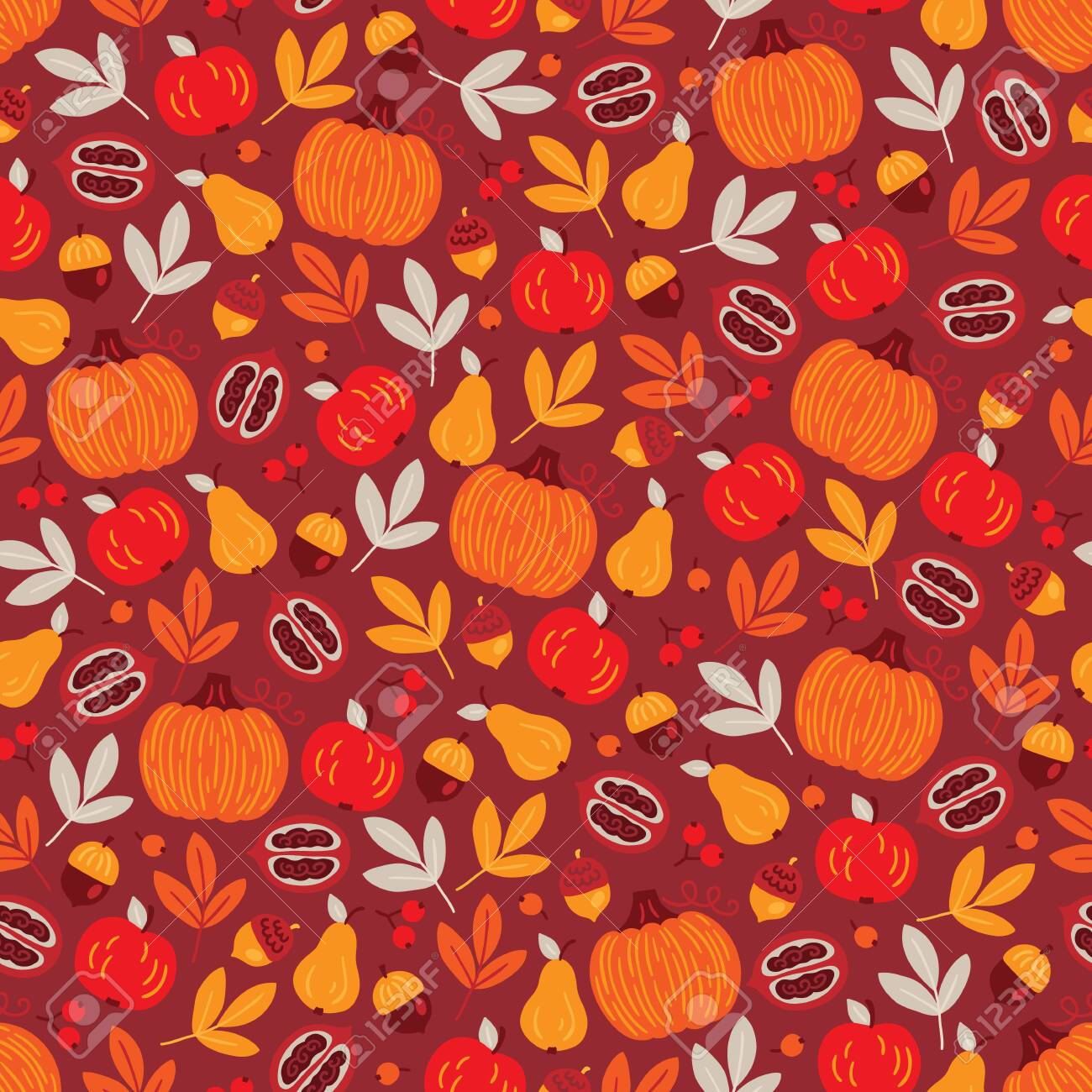 Thanksgiving Day Seamless Pattern With Pumpkin Leaves Walnut
