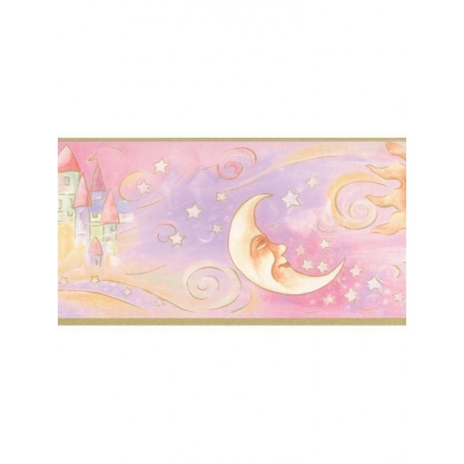 Pink Bedtime Sun Moon Stars Castle Wallpaper Border