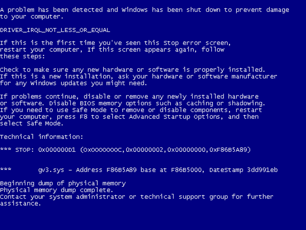 Serious Error Which Has Been Nicknamed The Blue Screen Of Death