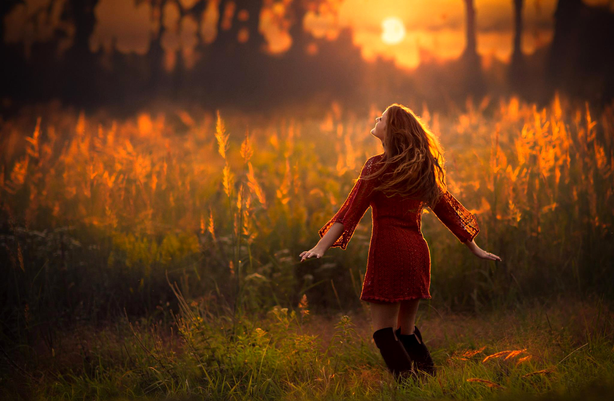 Happy Female Lady Woman Sunset Grass Sky Girl Wallpaper