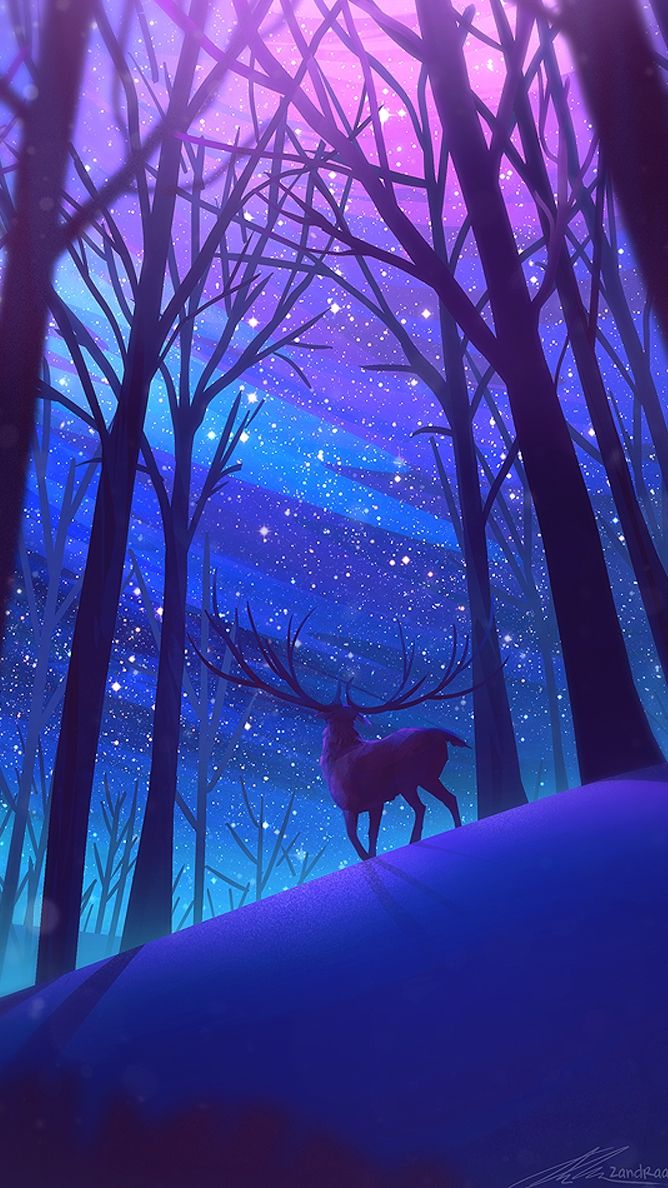 Reindeer Forest Night Stars Digital Art iPhone Wallpaper