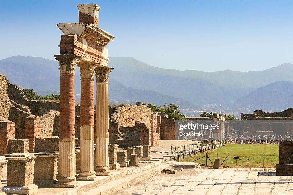 Ruins Of Pompeii With Mountain Range In Background Campania Italy