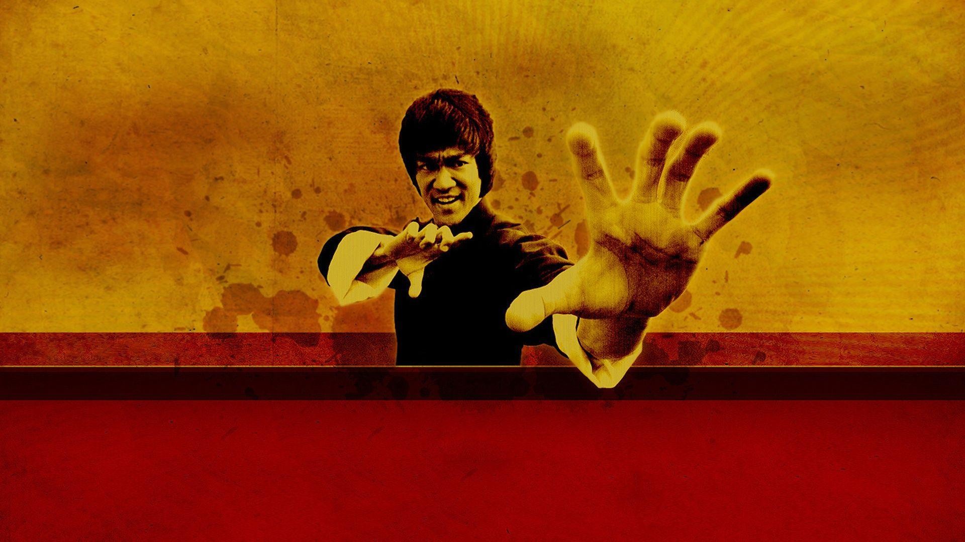 Bruce Lee in a martial arts pose against a vintage background