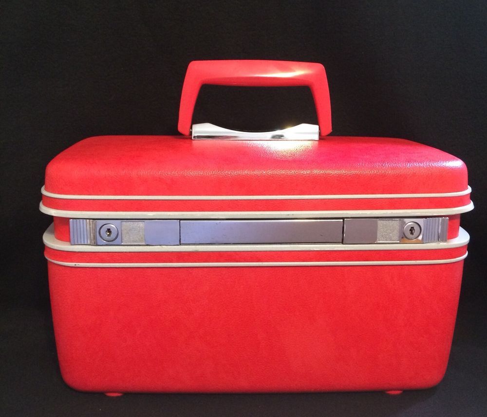 Vintage Samsonite Silhouette Train Case Red Marbled Makeup Full
