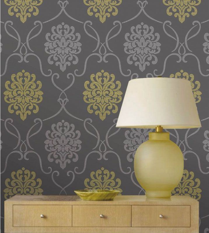 Gray and yellow damask wallpaper from the Accents collection from 717x800