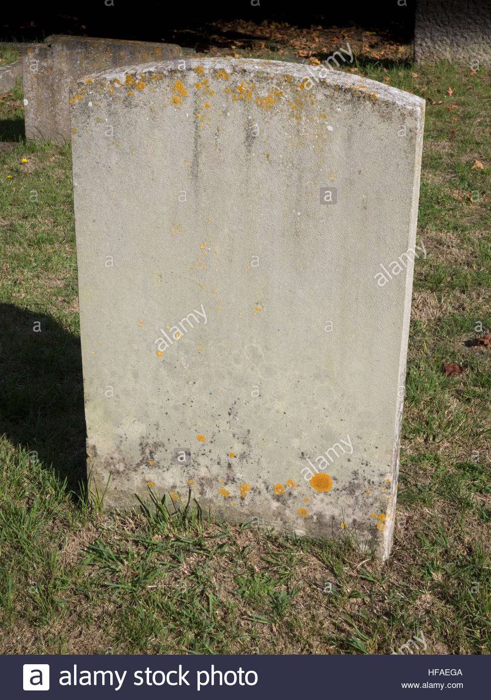 Plain Headstone With Curved Top Against A Green Background Stock