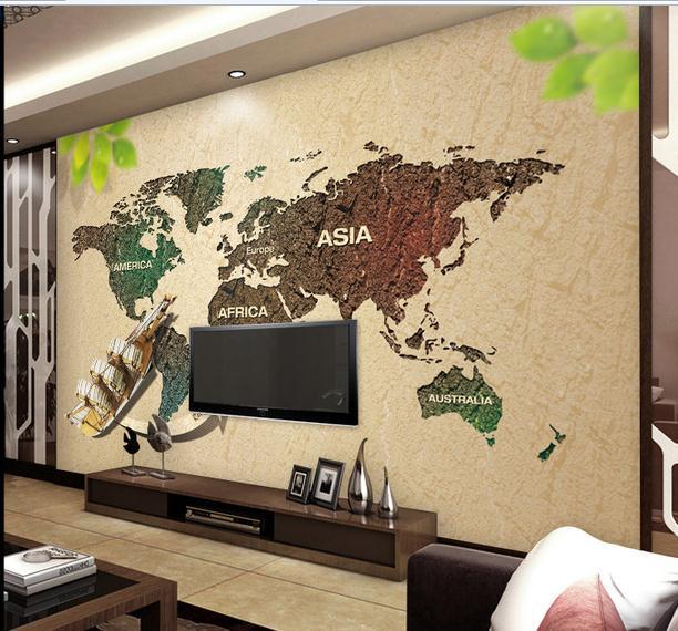 New Large Wallpaper Custom World Map Green Leaves Mural Wall
