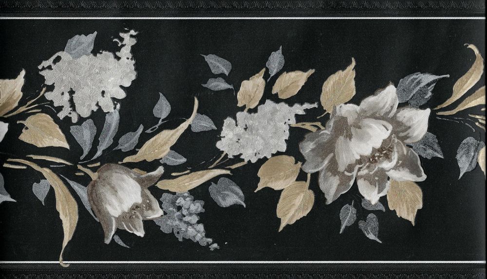 Elegant Floral On Black Silk Wallpaper Border