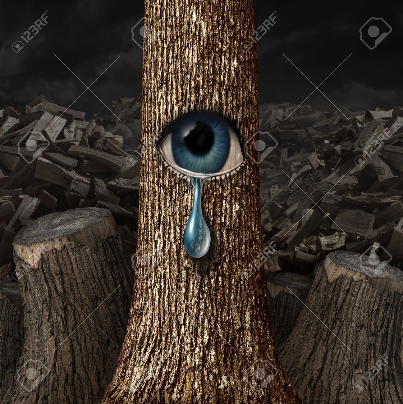 Mother Nature Crying Concept As A Background Of Chopped Wood