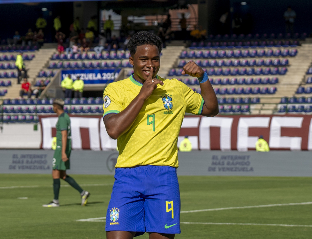 Endrick Felipe celebrates a goal for Brazil