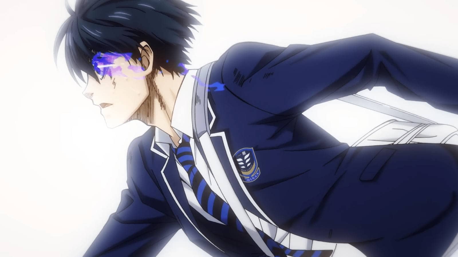 Isagi Yoichi from Blue Lock running with a determined expression, blue flames emanating from his eye