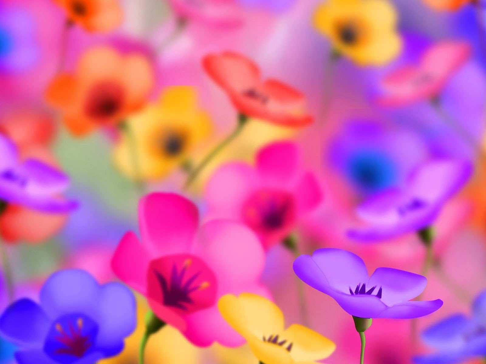 A vibrant and colorful field of stylized flowers, in various hues including pink, purple, orange, and yellow, creating a cheerful and lively backdrop