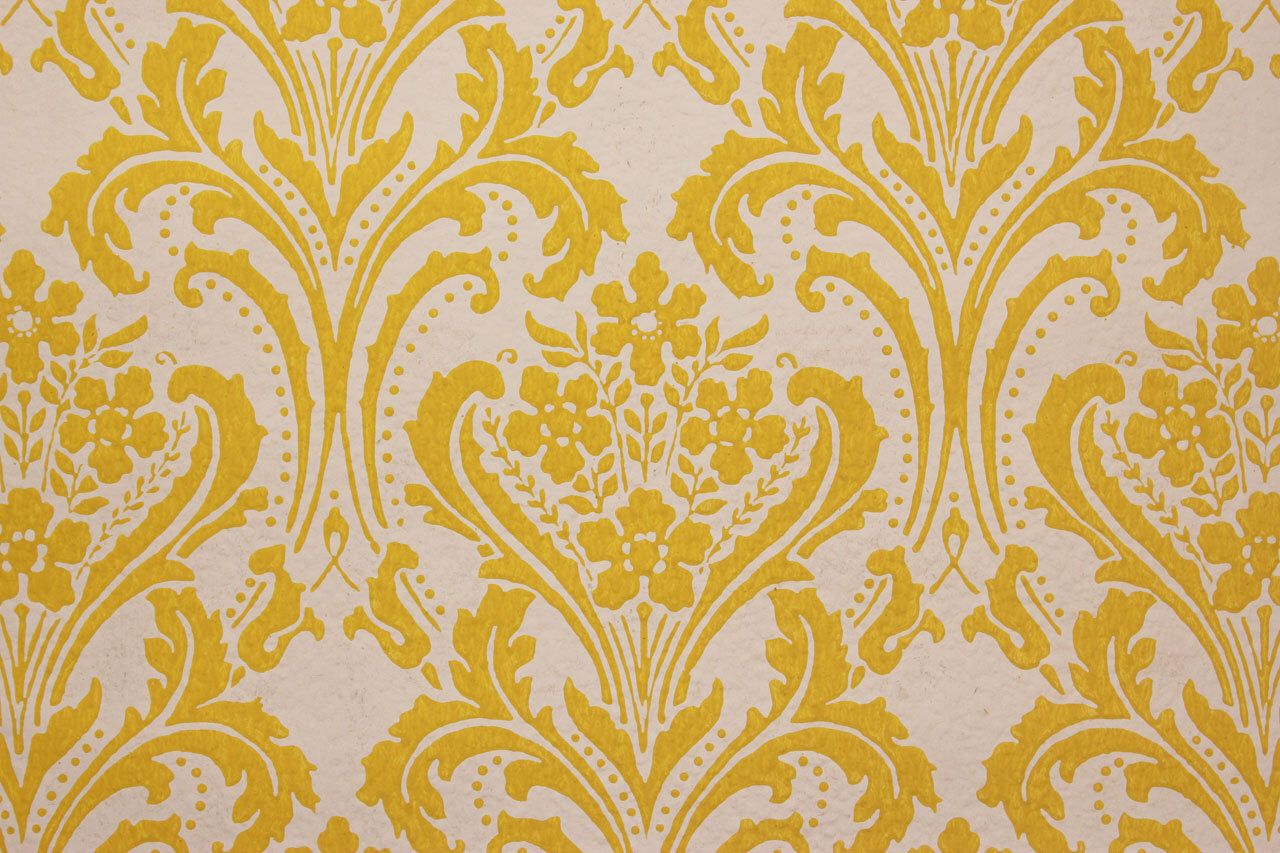 1960s Vintage Wallpaper Yellow Damask On White By The Yard