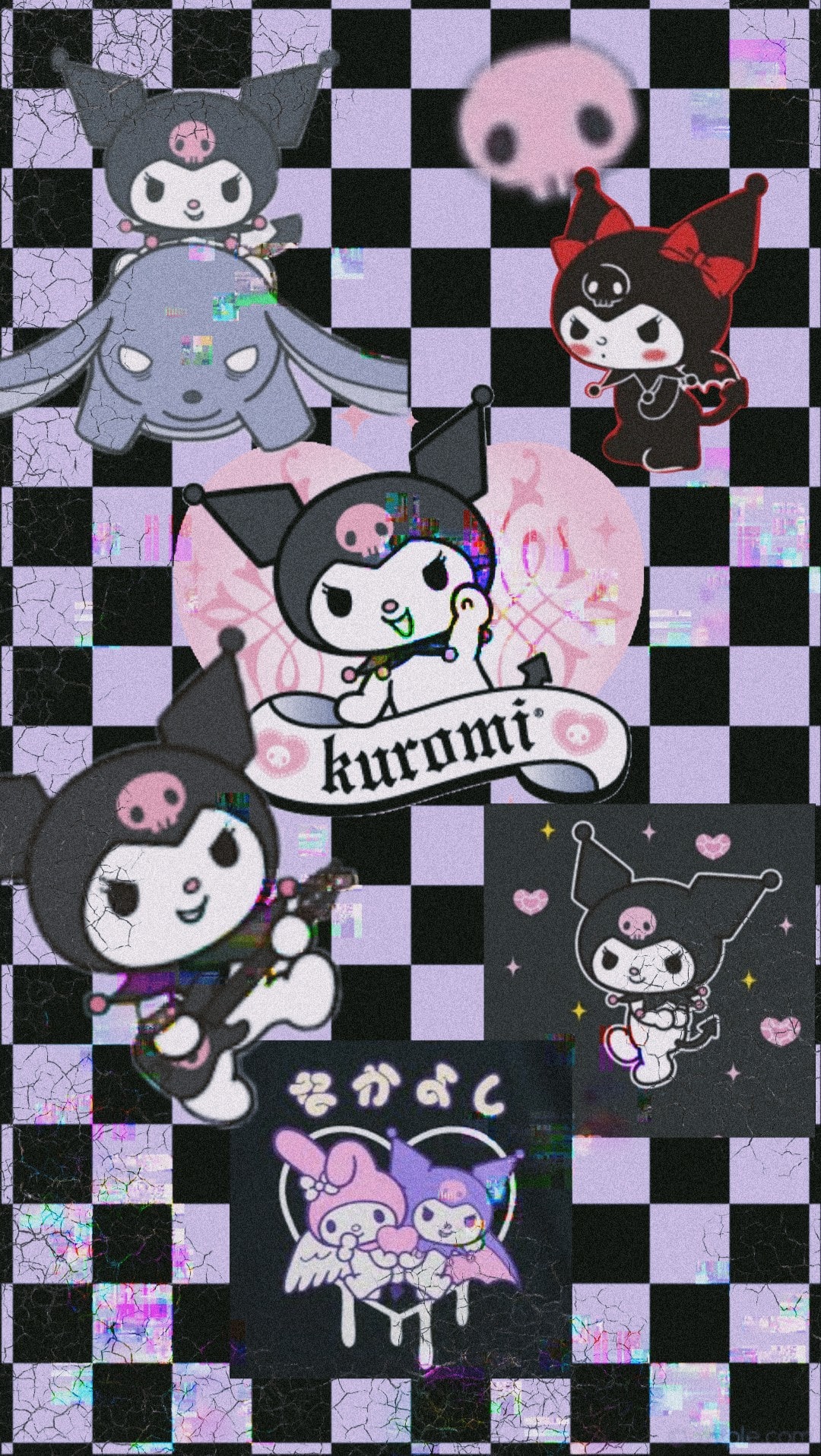 A collage of Kuromi images in different poses and styles, set against a checkered purple and black background, suitable for use as a PC wallpaper