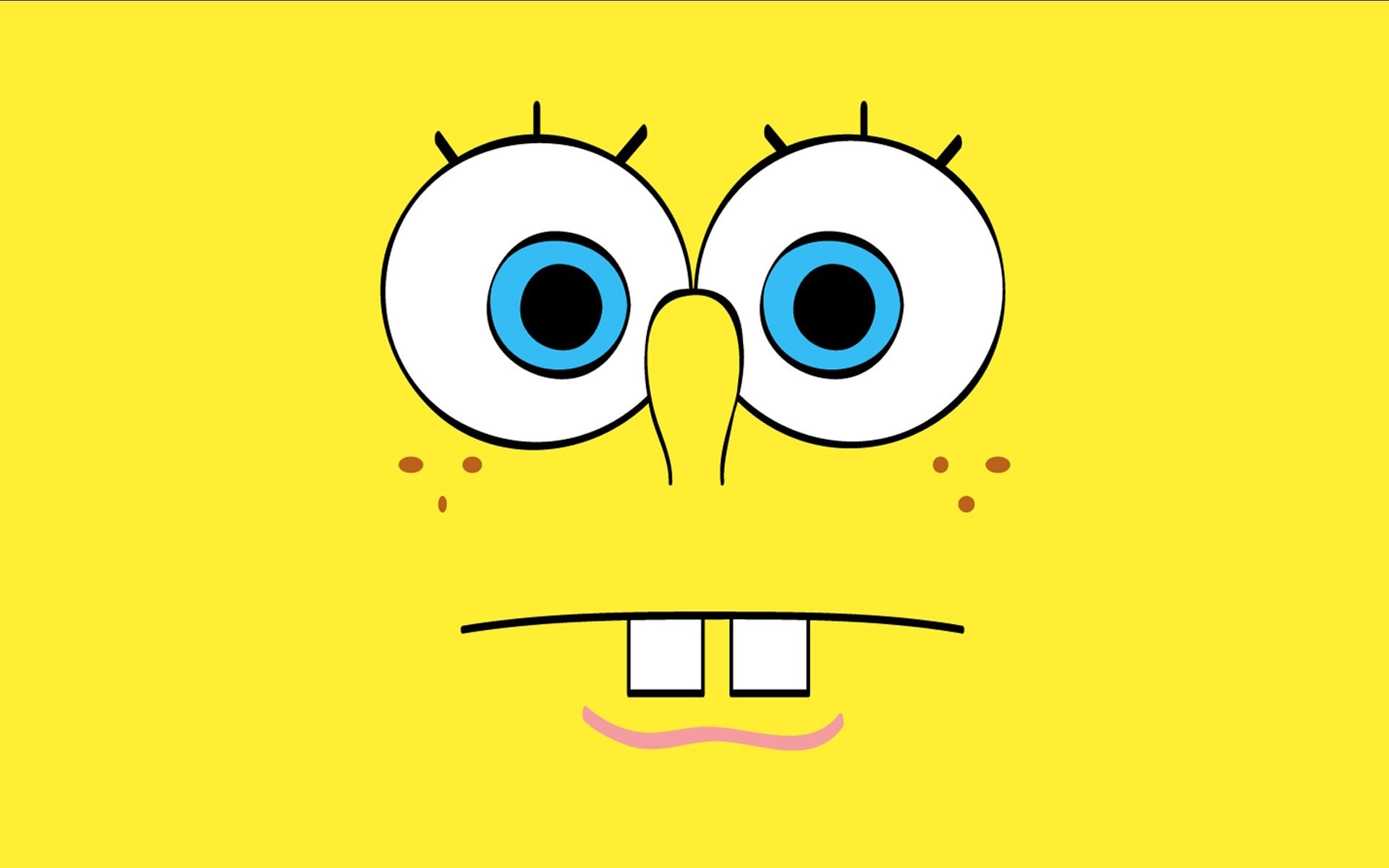 Close-up of Spongebob Squarepants's face with wide eyes, two front teeth, and a simple smile on a bright yellow background