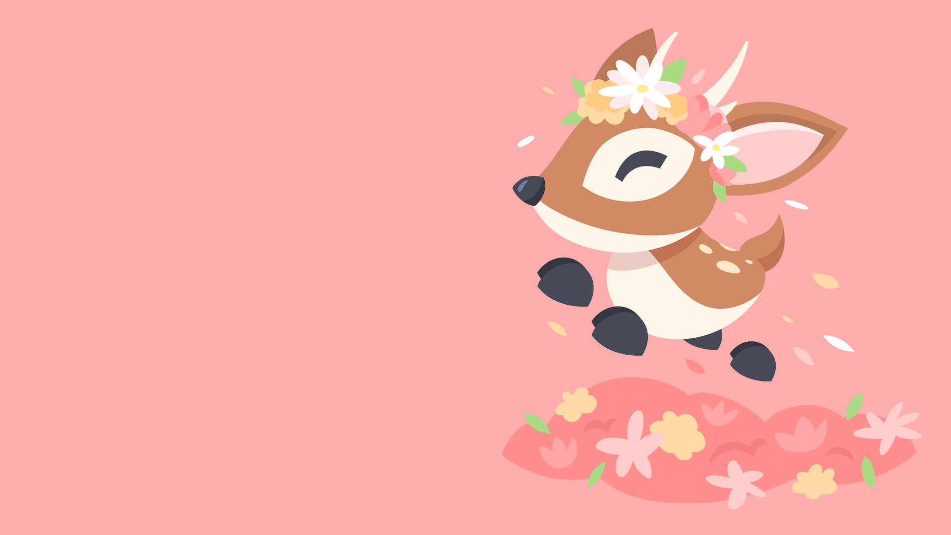 A cute, cartoon deer leaps over a bed of pink flowers, wearing a crown of blossoms. The background is a soft pink