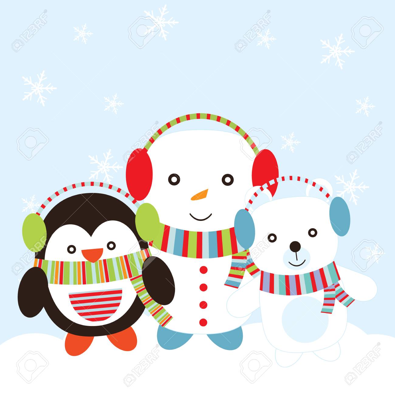 Chritsmas Illustration With Cute Penguin Snowman And Bear