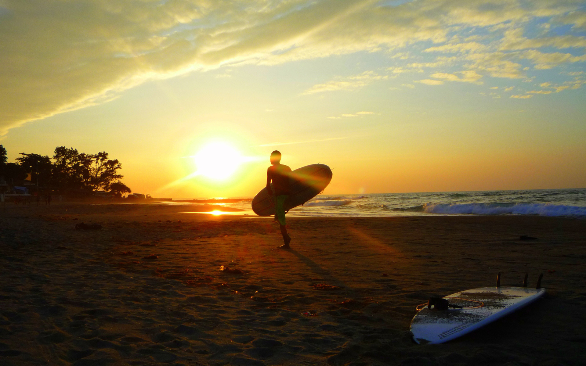 Surfing Board Beaches Sunset Ocean Wallpaper