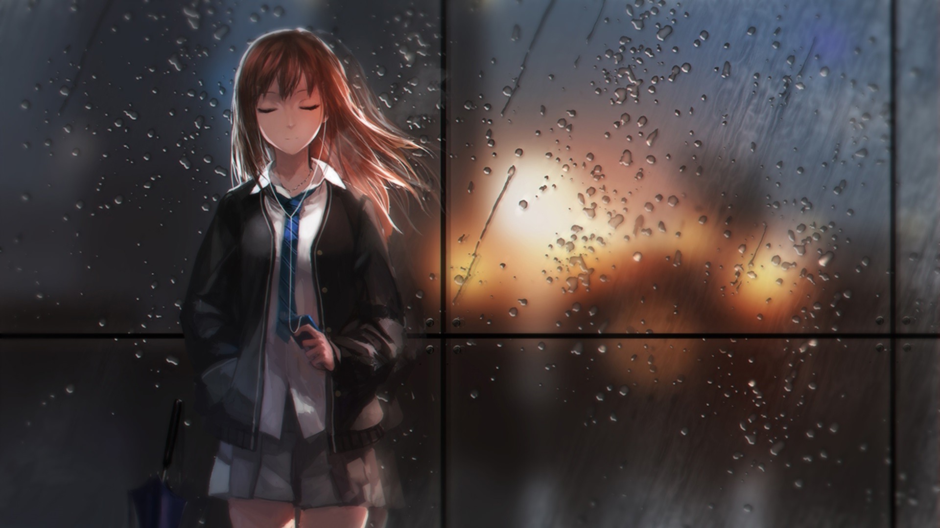 Anime Girls Rain Schoolgirls Wallpaper HD