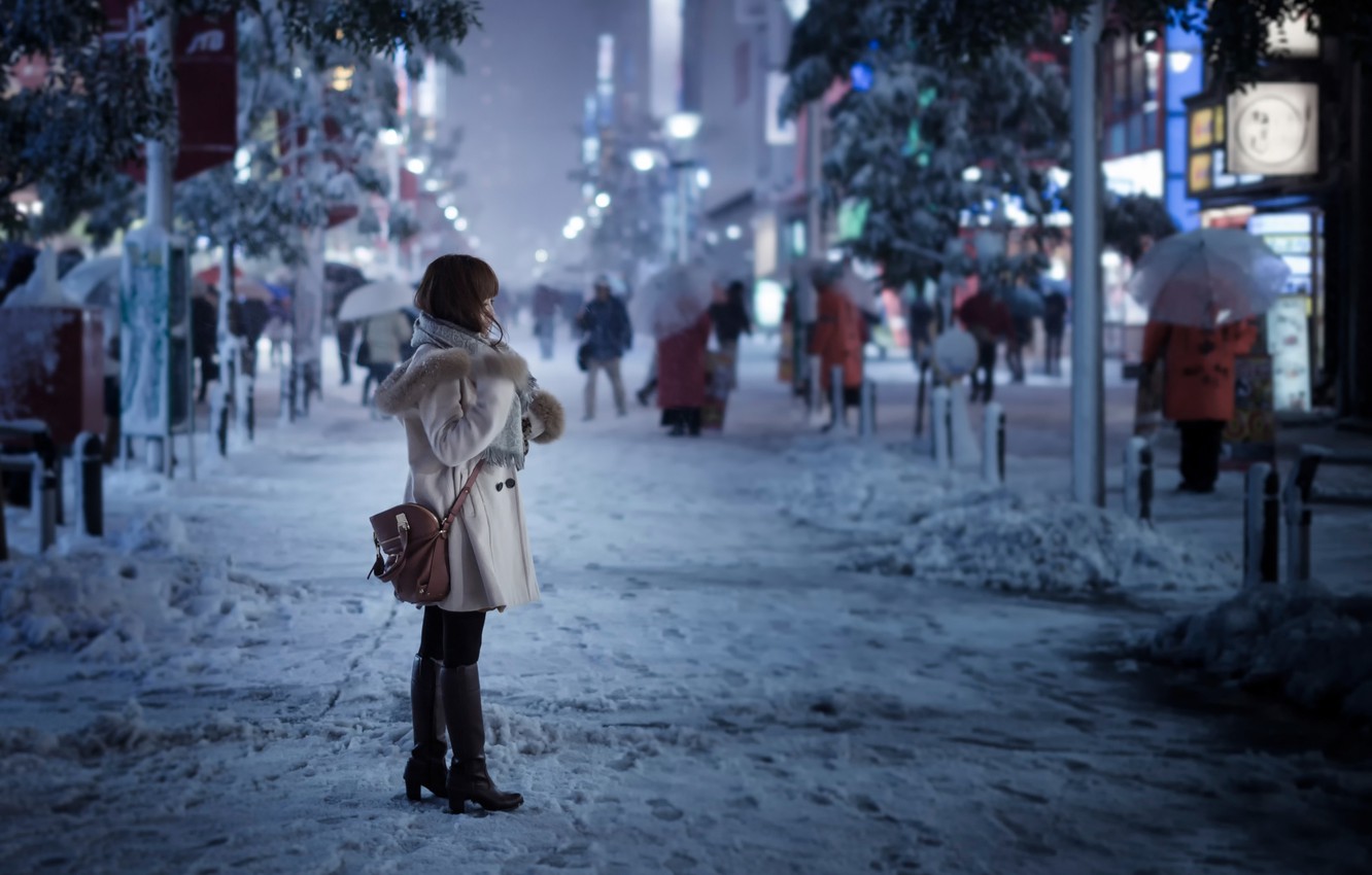 Wallpaper Girl Snow The City Street Tokyo Snowy Day Image