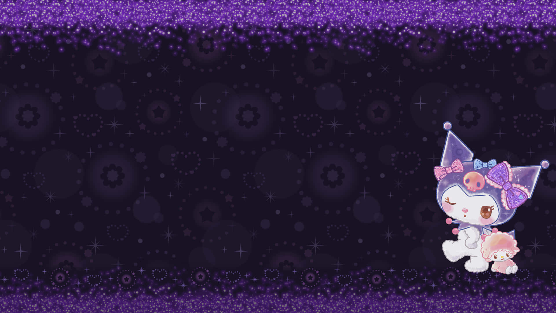 A vibrant 4k wallpaper featuring Kuromi against a backdrop of a starry night sky, adorned with purple glitter and floral patterns