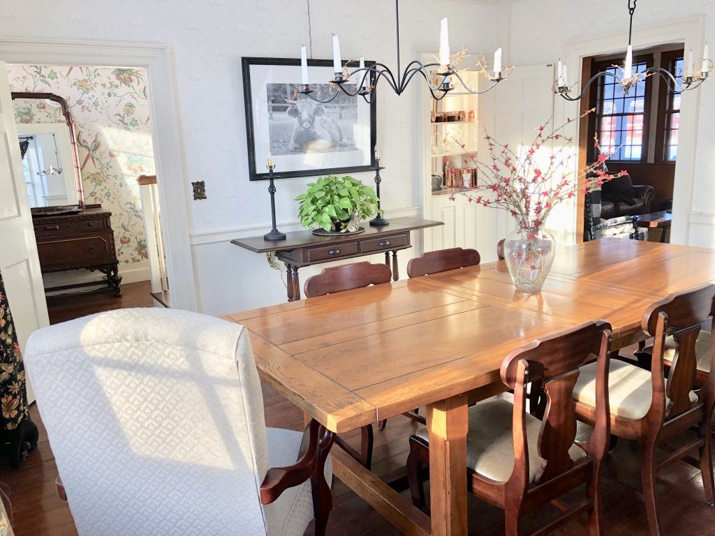 Dining Room Wallpaper Farmhouse Table Captain Chairs Mixed