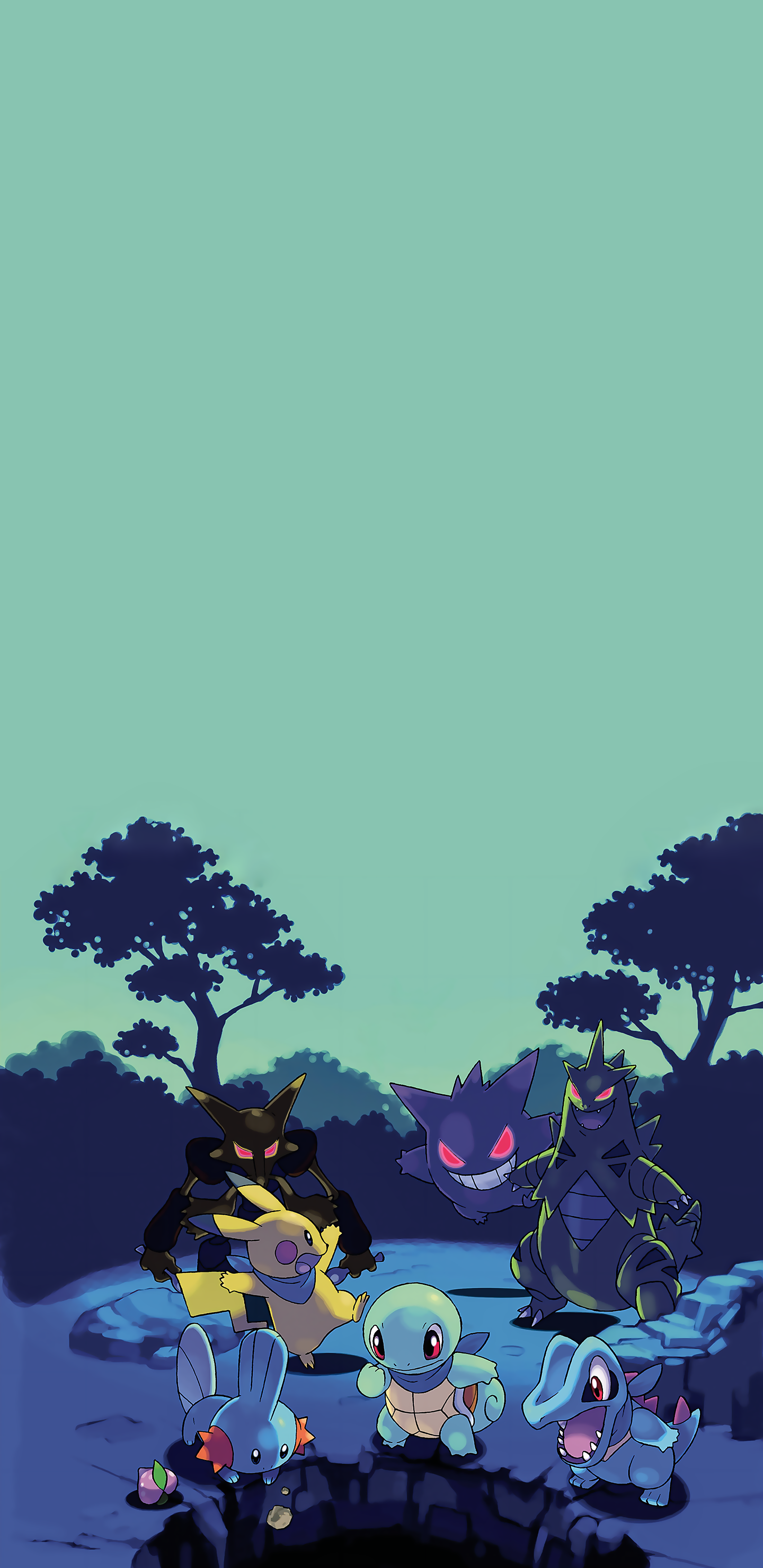 Pixel art style wallpaper featuring Pokémon characters Pikachu, Squirtle, a shiny Marill, a dark Houndour, a dark Gengar, and a shiny Nidoking in a shadowy forest setting at dusk
