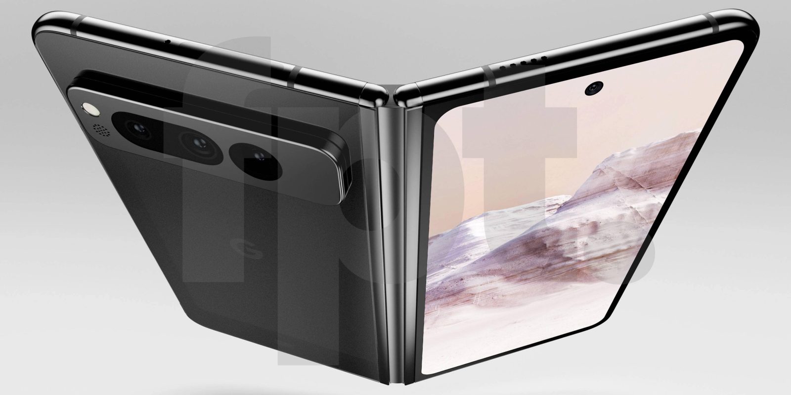 Google Pixel 9 folding phone partially unfolded, showcasing a nature-inspired wallpaper and a sleek black exterior