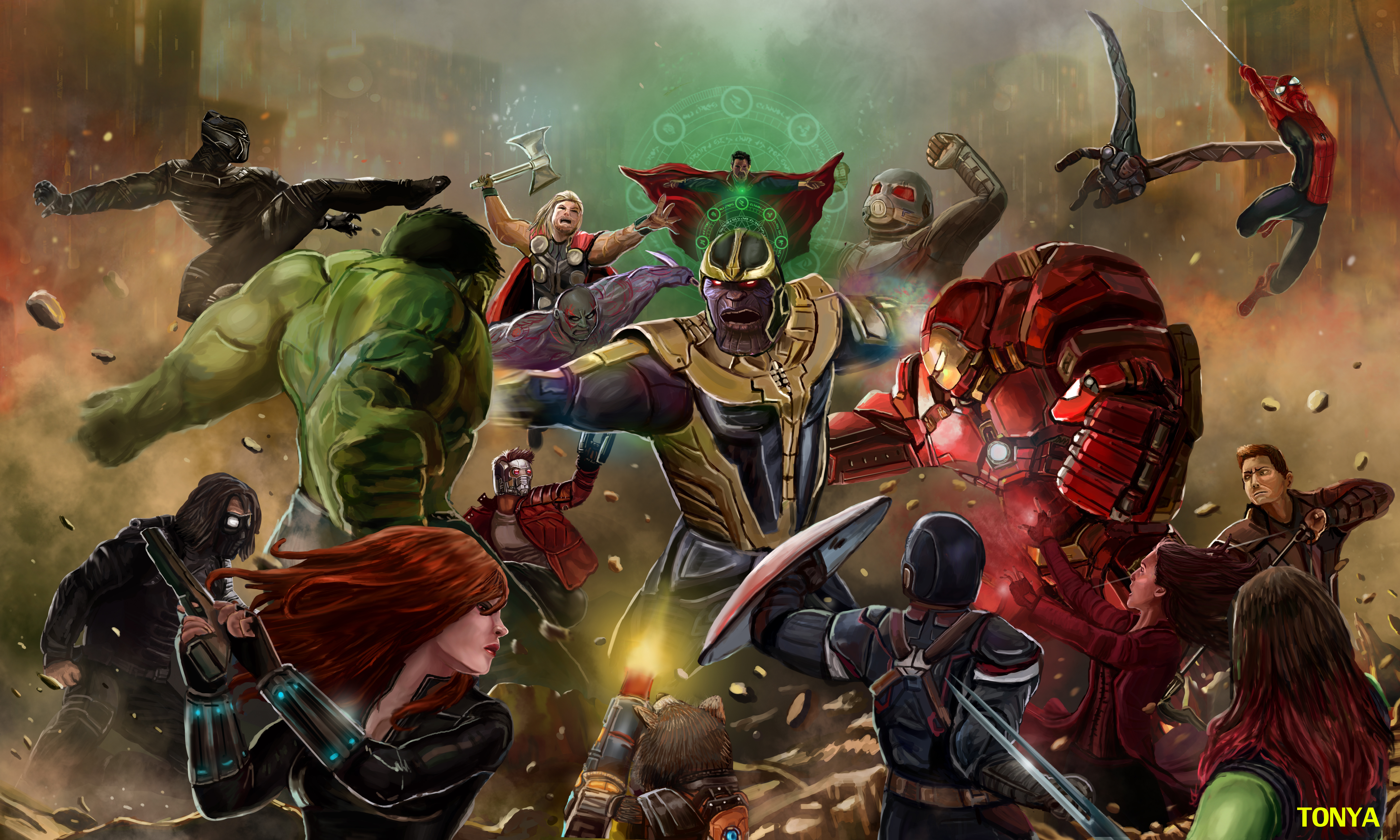 Thanos Beating All The Avengers In Infinity War Artwork Wallpaper