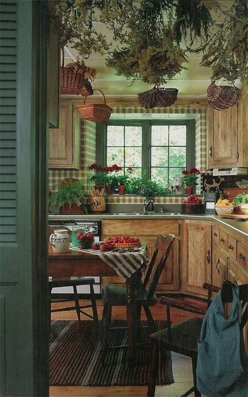 Green Kitchen With Plaid Wallpaper And Primitive Details
