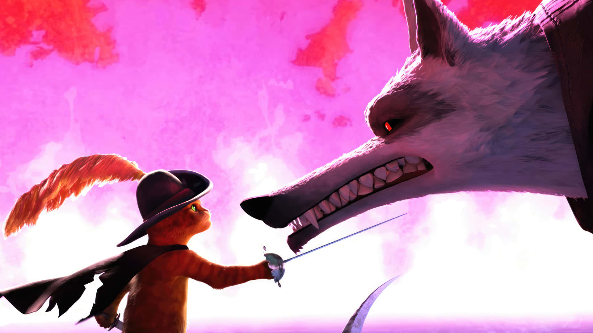 A cat in a musketeer's hat and cape holds a sword against a large, snarling wolf in a dramatic standoff, reminiscent of classic fairy tales or animated adventures