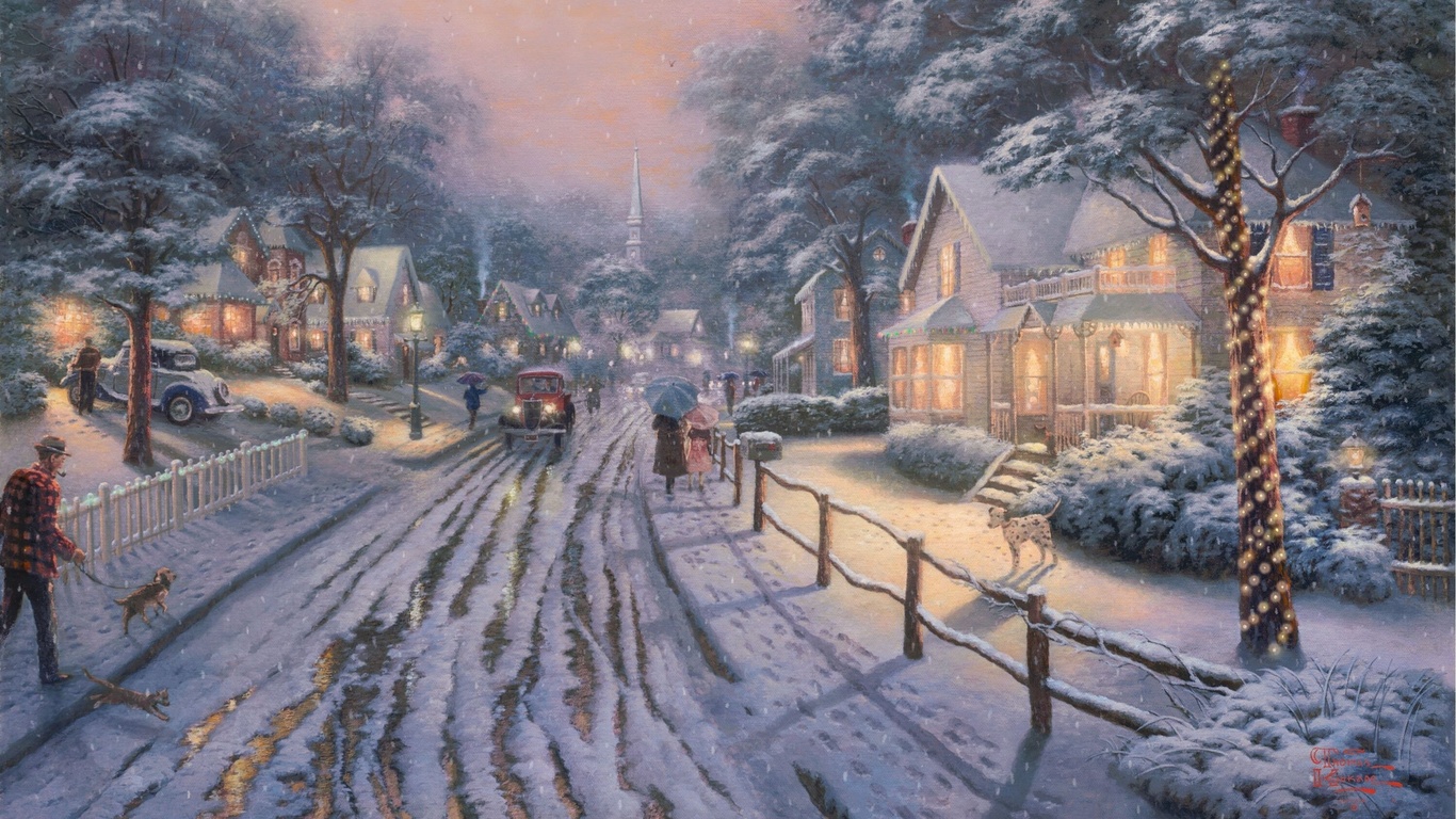 Wallpaper Town Christmas Snow Cabins Cottages Lights People