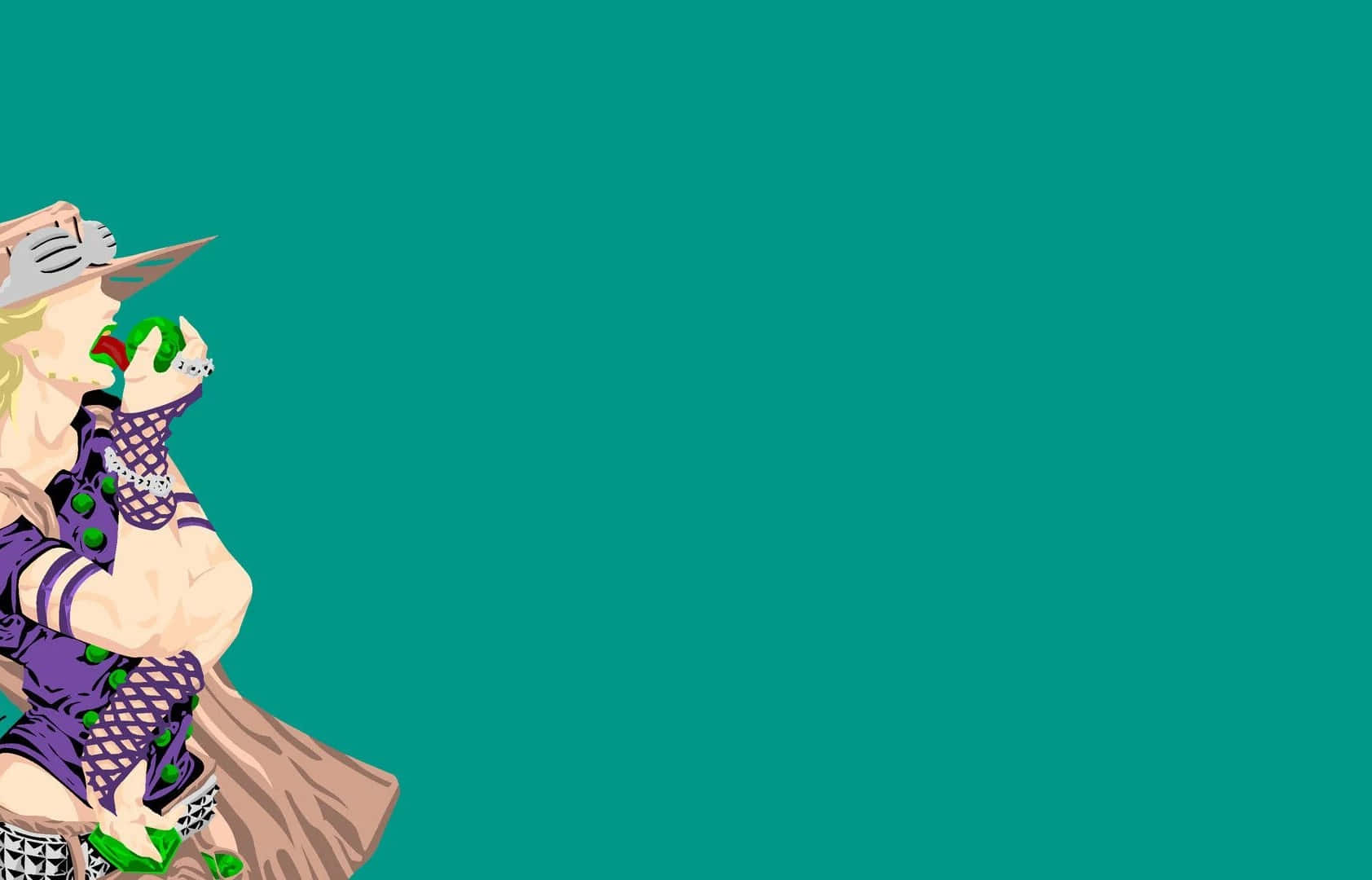 Stylized vector art of Gyro Zeppeli from JoJo's Bizarre Adventure, eating an apple against a teal background