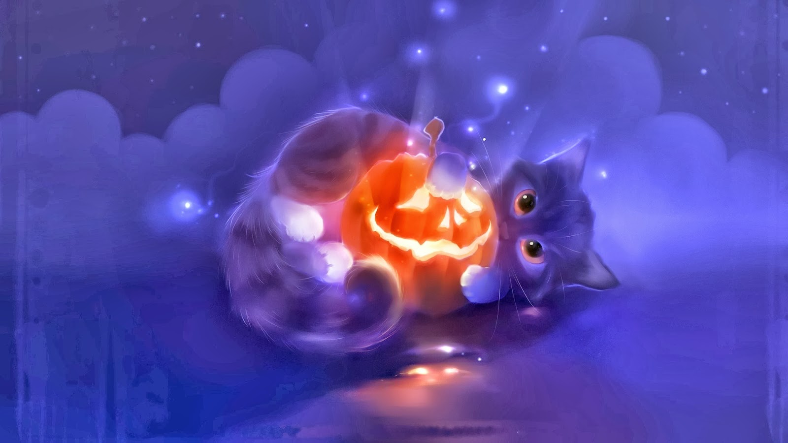 Halloween Cute Cat Animal Pumpkin Lantern Widescreen HD Wallpaper X5