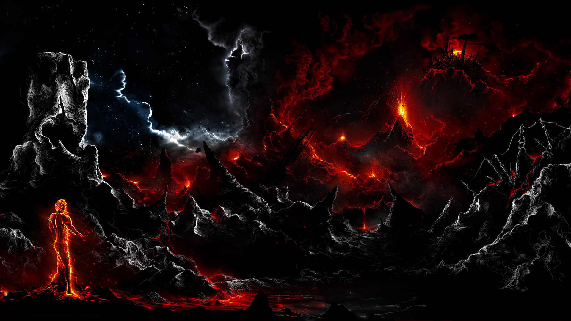 Volcano Smoke Eruption Lava Fantasy Landscapes Stars Sky Wallpaper