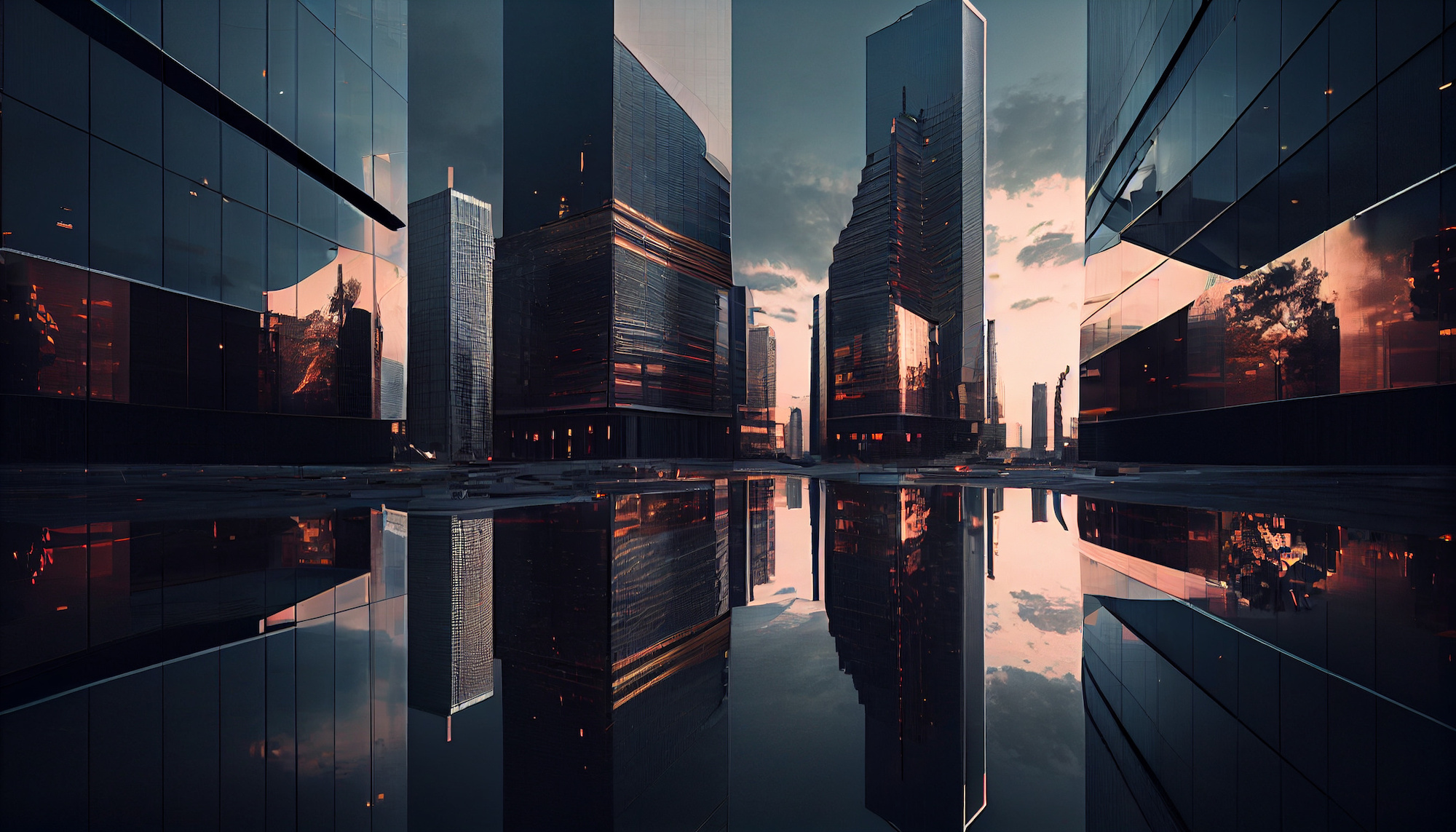 Modern city skyline at sunset reflected in a pool of water, creating a visually stunning live wallpaper