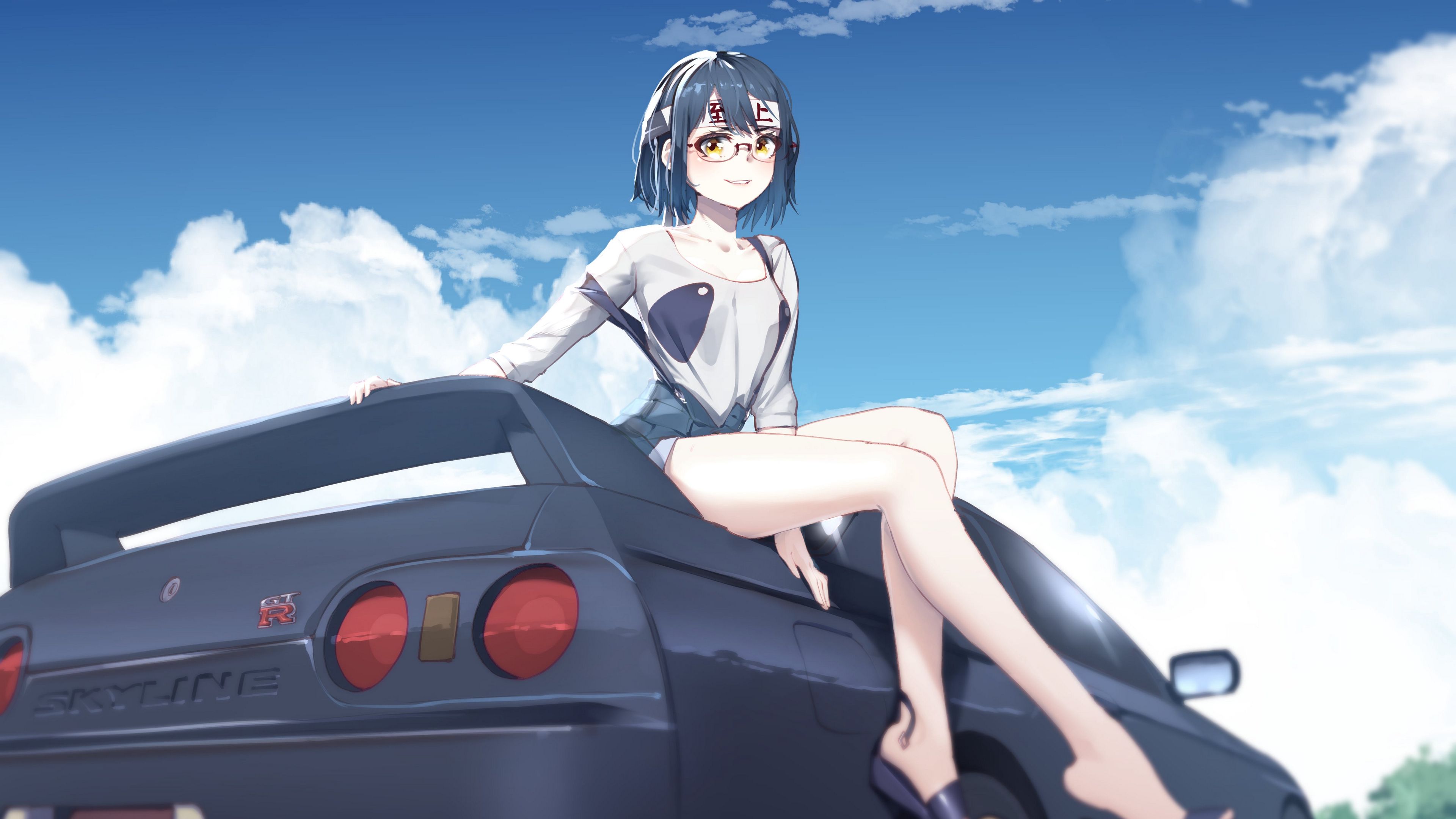 Wallpaper Girl Glasses Smile Car Anime Art