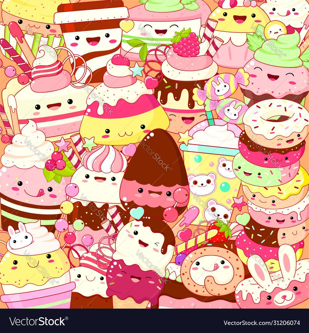 Square Background With Cute Sweet Desserts Vector Image