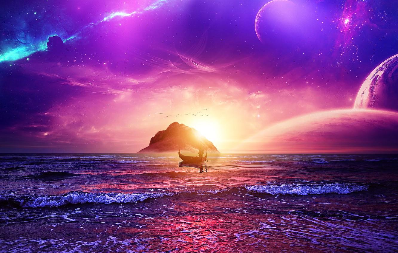 Wallpaper space sky ocean landscape sunset stars man purple