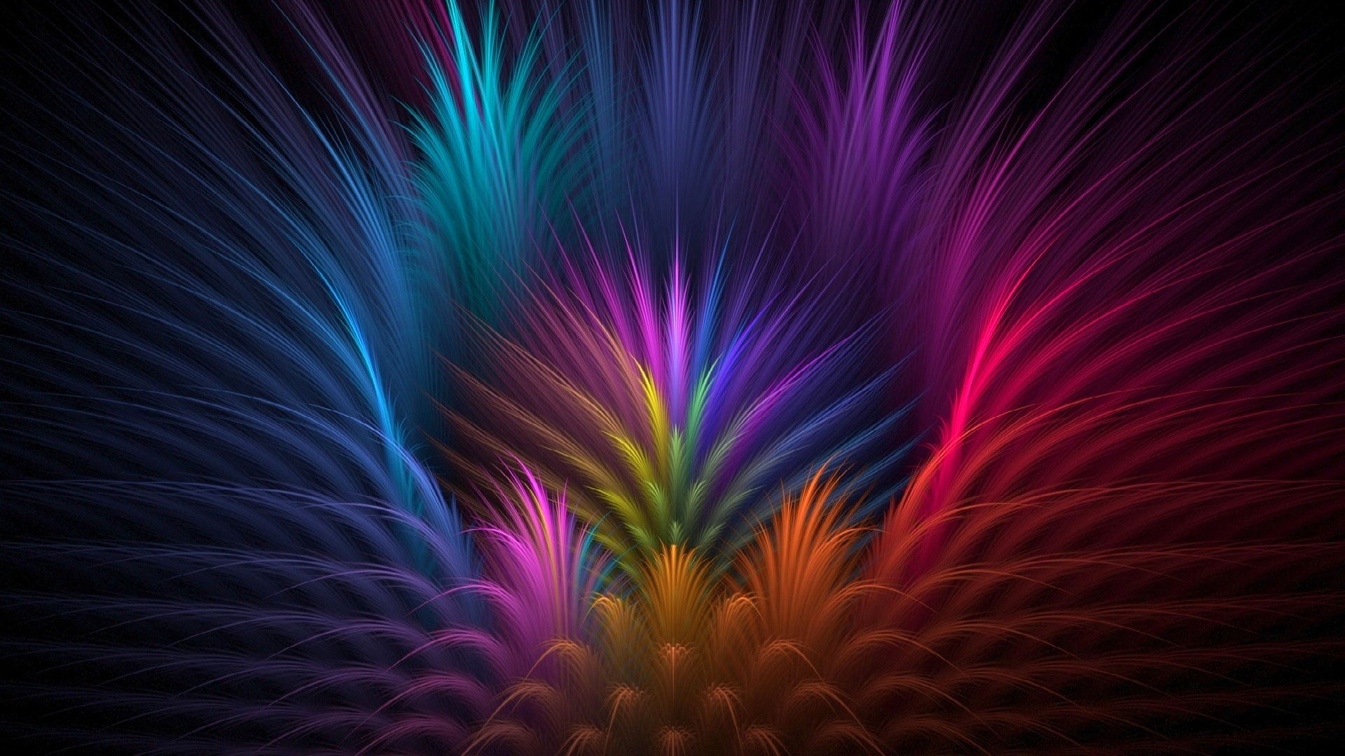 Vivid colorful abstract feathers on a black background, resembling a vibrant peacock tail or an explosion of colors