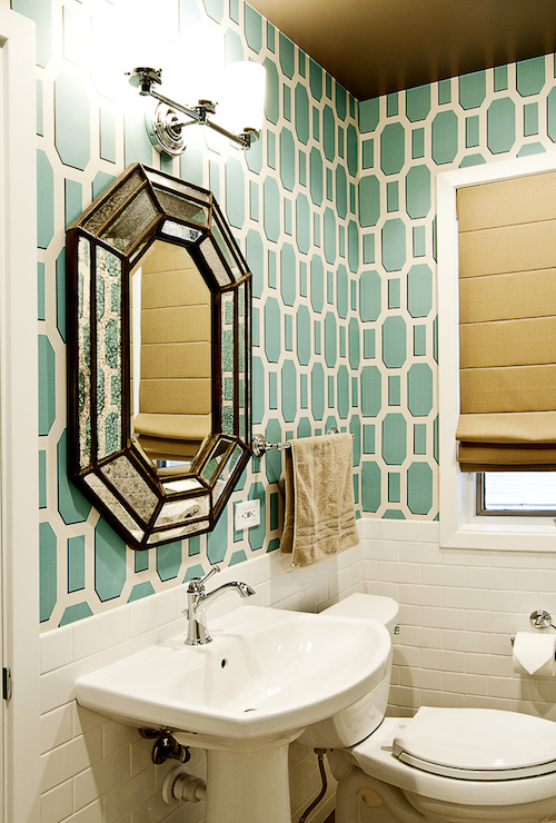 Free Download Teal Geometric Wallpaper Transitional Bathroom