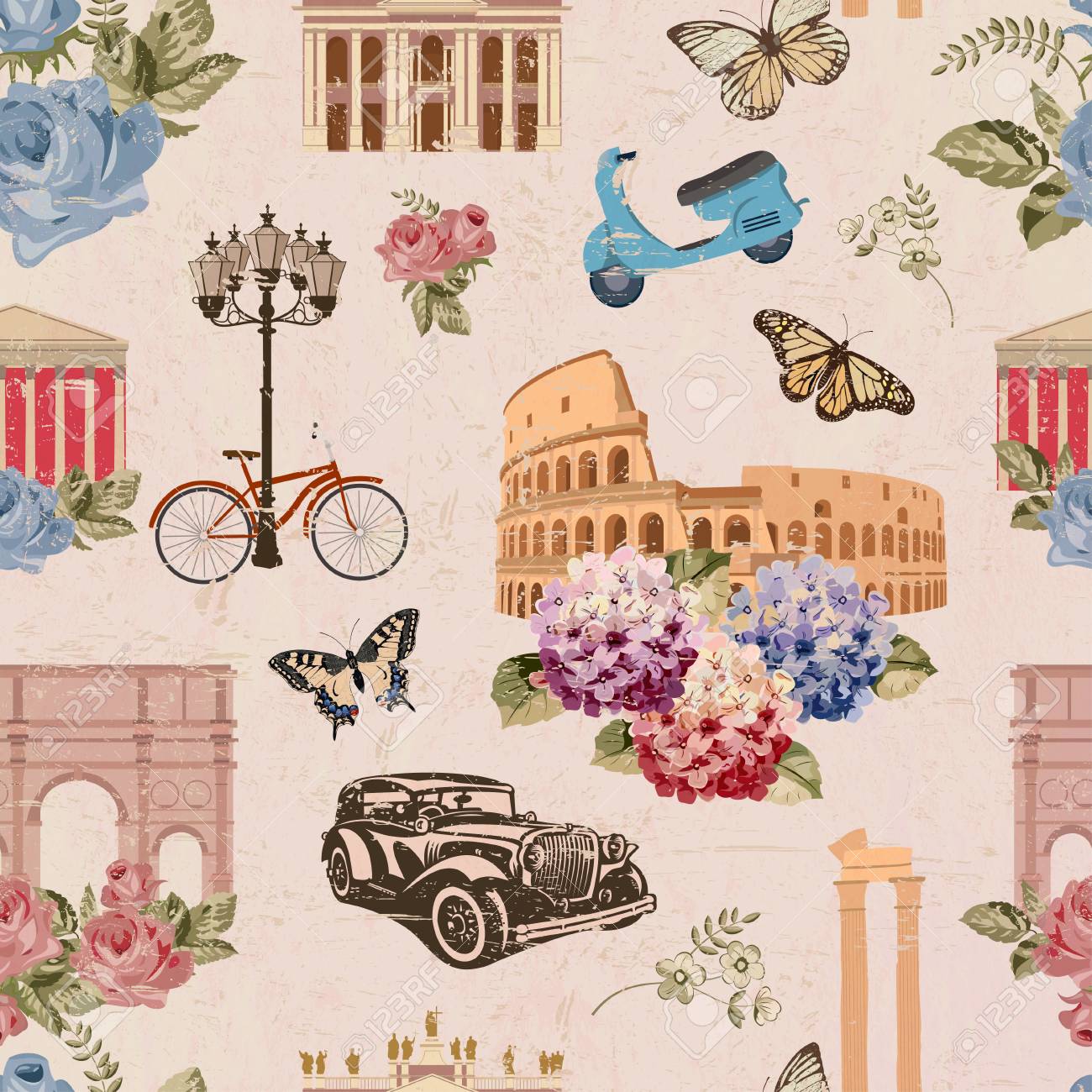 Seamless Rome Travel Wallpapervintage Background Royalty Free