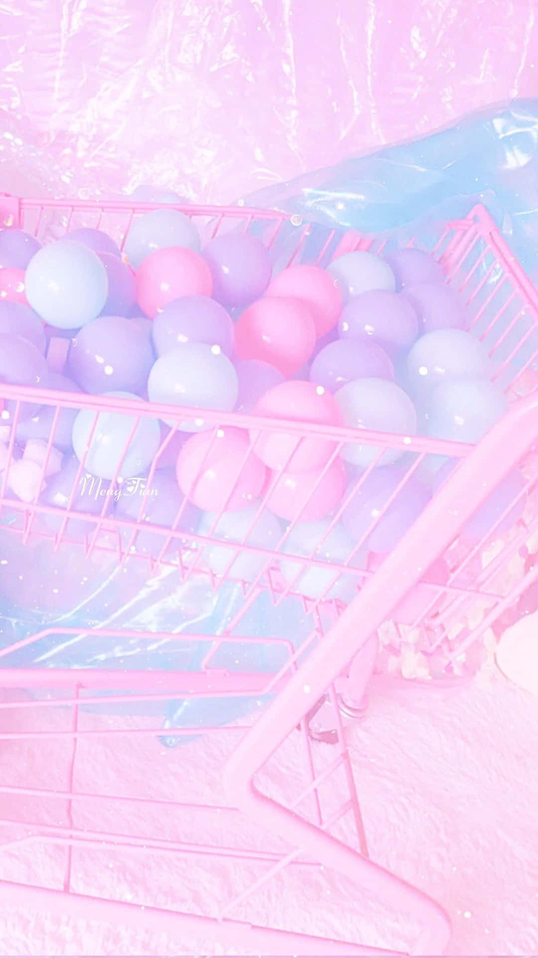 A Pink Shopping Cart With And Blue Balloons Wallpaper