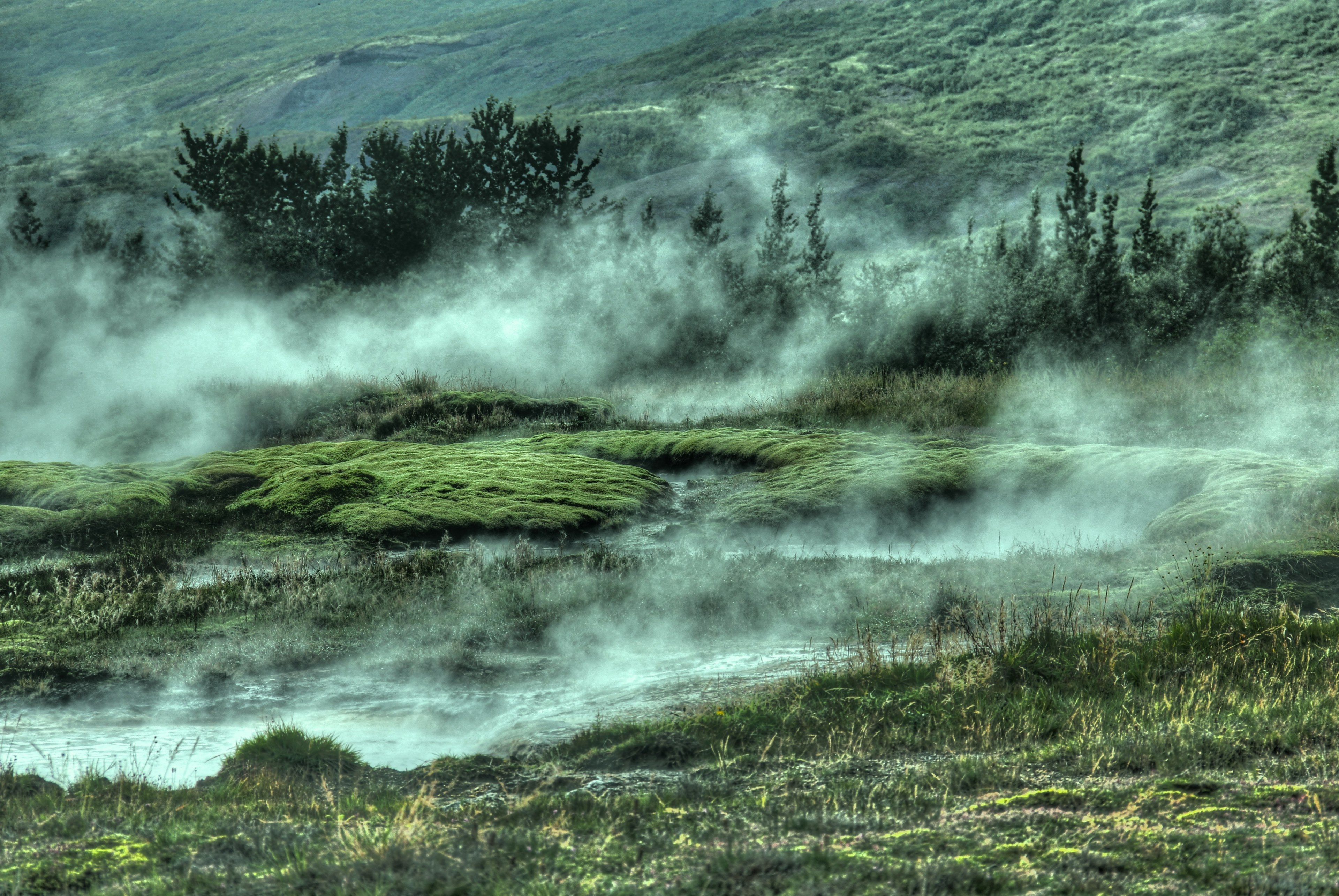 Steam Rising Above The Mossy Rocks Near Strokkur Geyserstrokkur