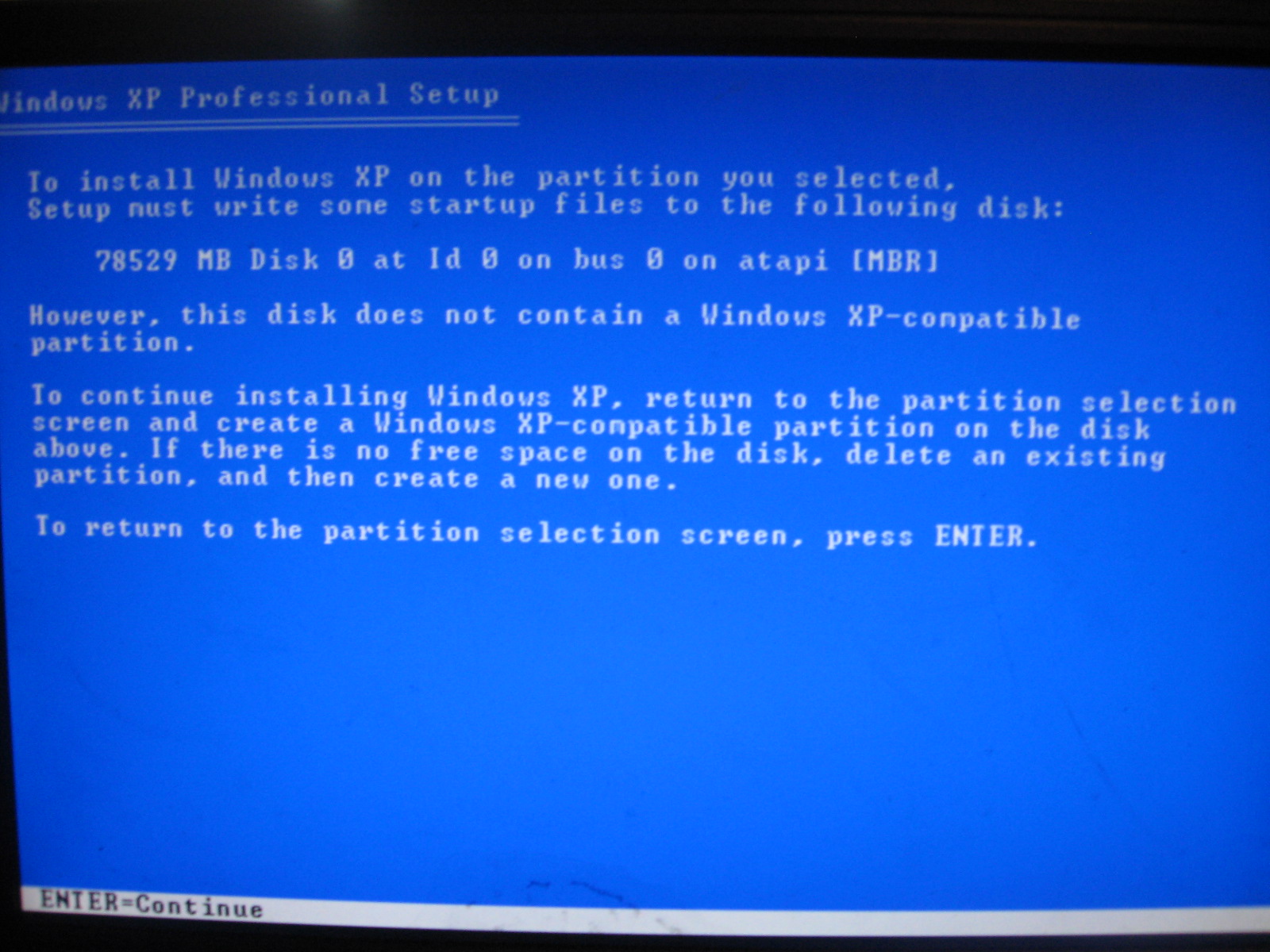 Disk Does Not Contain A Windows Xp Patible Partition During In