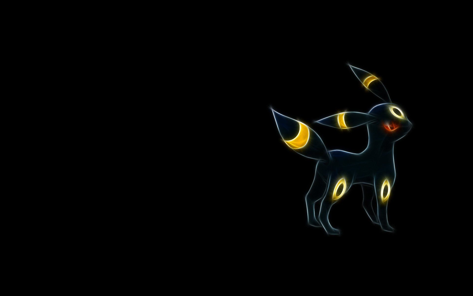 A vibrant, stylized depiction of Umbreon, a Dark-type Pokémon, against a stark black background. Its glowing yellow rings and red eyes create a striking contrast
